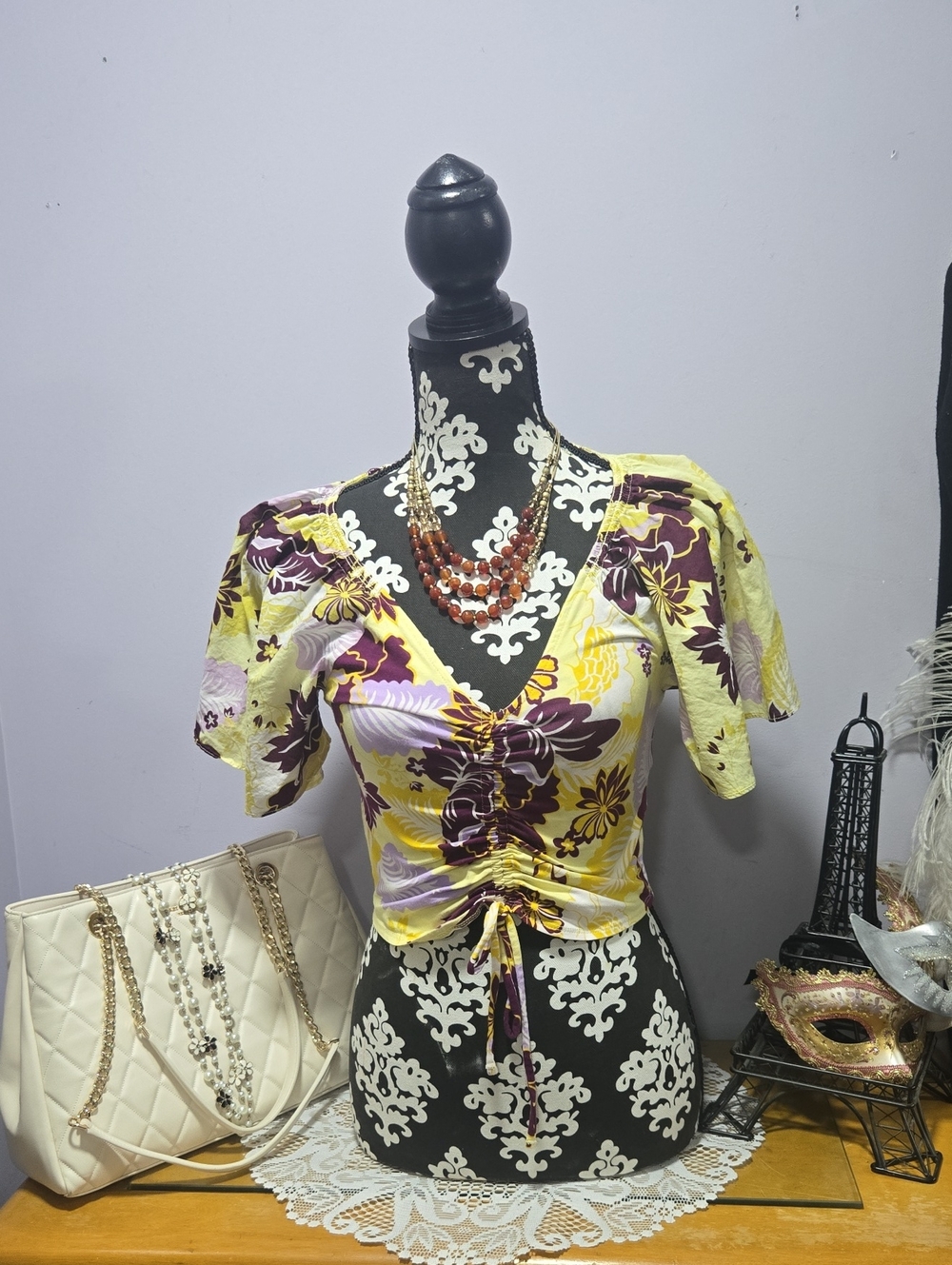 Anthropologie Maeve Yellow Floral V-Neck Ruched Crop Top